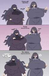 2girls age_difference aged_up bbw big_breasts breasts breasts_bigger_than_head chubby chubby_female dark_hair dress ear_ring earrings english_text enormous_breasts female female_only gigantic_breasts hairy_pussy headwear hex_maniac hex_maniac_(z-a) huge_breasts large_areolae large_breasts light-skinned_female long_hair massive_breasts mature_female milf mother_and_daughter nintendo plump pokemon pokemon_legends:_z-a pokemon_xy pubic_hair purple_eyes purple_hair stackydraws text venus_body voluptuous voluptuous_female