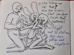 3_toes anthro armlock assisted_sex barefoot beanie_(roommates) bent_legs blush bonnie_(fnaf) bottomless carrol_(roommates) clitoris clothed clothing color_coded_text daughter_(lore) dialogue ears_down eyelashes feet female female_on_human five_nights_at_freddy's foot_grab genitals graphite_(artwork) group half-closed_eyes hand_on_penis head_tuft hi_res human human_on_anthro humanoid_genitalia humanoid_penis imminent_sex imminent_vaginal interspecies kneeling lagomorph larger_male leporid male male/female mammal marker_(artwork) mature_anthro mature_female mike_schmidt monochrome mostly_nude_human mostly_nude_male mother_(lore) mother_and_child_(lore) mother_and_daughter_(lore) narrowed_eyes nude nude_anthro nude_female parent_(lore) parent_and_child_(lore) parent_and_daughter_(lore) penile penis penis_tip photography_(artwork) pivoted_ears pussy rabbit roommates:motha scottgames scut_tail sex shirt shirt_only short_tail size_difference slim smaller_anthro smaller_female smile smirk soulcentinel tail talking_to_another talking_to_partner toes topwear topwear_only traditional_media_(artwork) trio tuft vaginal_penetration