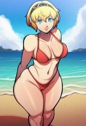ai ai_assisted ai_generated aigis aigis_(persona) aryan beach bikini blonde_hair blue eyes persona persona_3 persona_3_portable persona_3_reload robot robot_girl robot_humanoid seasonedcum swimsuit