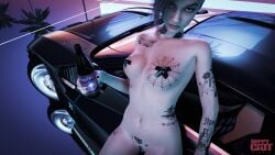 3d breasts cyberpunk cyberpunk_2077 female judy_alvarez looking_at_viewer navel nude nude_female retrowave synthwave taped_nipples taped_pussy tattoo