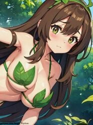 1girl 1girls aegis_elysium ai_art ai_generated alternate_breast_size background bare_shoulder bare_shoulders beach bikini blush blushing blushing_at_viewer breasts brown_eyes brown_hair camera_angle cleavage cloud clouds day female_focus flower game_freak gem gloves hair_ornament headpiece highres holding huge_breasts jewelry large_breasts leaf leaf_(pokemon) leaf_bikini long_hair looking_at_viewer navel nintendo older older_female patreon patreon_username people_in_background pokemon pokemon_trainer skimpy tree trees vegetation very_long_hair