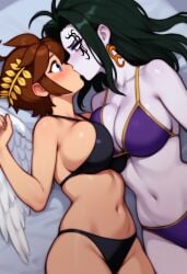 2girls ai_generated angel angel_wings bed_sheet bikini black_hair breasts brown_hair genderswap_(mtf) kid_icarus kissing medusa_(kid_icarus) nintendo pale_skin pit_(kid_icarus) purple_bikini rule_63 yuri