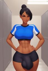 1futa 2d abs ai_generated arrogant balls balls_in_shorts big_bulge black_hair black_shorts blondshell blue_crop_top blue_shirt breasts civitai crop_top futa_only futanari hairbun large_breasts locker_room muscular_futanari penis_in_shorts short_sleeves shorts single_hair_bun solo tagme taut_clothes testicles toned_abs volleyball_shorts volleyball_uniform