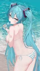 1girls arm_under_breasts ass ass_focus behind_view big_ass bikini blue_bikini blue_eyes blue_hair blush drinking drinking_water eye_contact hatsune_miku kawasuru large_penis looking_at_viewer looking_back looking_back_at_viewer pov string_bikini string_panties thick_thighs thighs vocaloid waist water