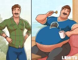 1boy bear_(body_type) before_and_after belly belly_focus belly_peeking_out big_belly big_chest big_pecs brown_hair busty cleavage coffee facial_hair fat_belly five_o'clock_shadow fork hairy hairy_arms hairy_belly hairy_chest huge_chest huge_pecs lokitu male male_cleavage male_only male_weight_gain obese obese_male overweight overweight_male round_belly story_in_description tight_shirt weight_gain