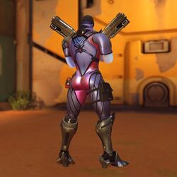 1boy 3d alternate_costume ass big_ass blizzard_entertainment bodysuit bubble_butt clothed dat_ass from_behind gun hat male_only overwatch overwatch_2 presenting_hindquarters purple_skin reaper skin_tight solo thick_thighs widowmaker_(cosplay)