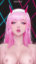 1girls blue_eyes breasts darling_in_the_franxx demon_girl egirl female female_only heart-shaped_pupils horns licking_lips long_hair naughty_face nude paul_kwon pink_hair pinup realistic solo tongue tongue_out topless upper_body zero_two_(darling_in_the_franxx) zeronis