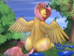 2019 anus arthropod butterfly closed_eyes cutie_mark equid equine feathered_wings feathers female feral fluttershy_(mlp) friendship_is_magic hi_res insects lepidopteran mammal mercurial64 my_little_pony outside pterippus sitting spread_wings subtle_anus tree wings