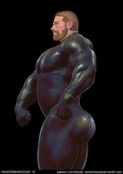 1boy ass bara beard big_ass black_background bodysuit brown_hair bubble_butt busty clothed dat_ass facial_hair latex looking_at_viewer male male_only muscular pecs randombaradude shiny skin_tight solo suggestive thick_thighs