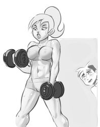 1boy 1boy1girl 1female 1girls 1male abs age_difference athletic_female blush blush_lines drew_saturday exercise female male mother mother_and_son no_sex older_female peeking ponytail sketch son the_secret_saturdays weightlifting younger_male zak_saturday