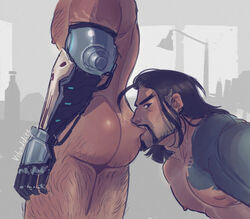 2boys amputee ass ass_biting back_view bara beard big_ass biting biting_ass black_hair blizzard_entertainment body_hair brown_eyes bubble_ass bubble_butt chest_hair cole_cassidy cute dark_hair dat_ass facial_hair gay hairy_ass hairy_legs hairy_male hanzo_shimada human human_only long_hair looking_at_viewer male male_nipples male_only mechanical_arm muscular naked naughty_face nipples nude nude_male overwatch presenting_hindquarters scar shiny_ass shiny_skin side_view sideburns simple_background suggestive tan_skin tattoo tattoos vibaddiee yaoi