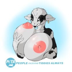 anthro black_eyes black_lips bovine breast_squeeze breasts huge_breasts lactation looking_at_viewer peta pink_nipples suirano