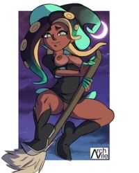 archvile_(artist) areolae breasts cephalopod cephalopod_humanoid clothing crescent_moon dark-skinned_female dark_skin exposed_breasts female female_only green_hair hair marina_(splatoon) moon nintendo nipples octoling solo splatoon splatoon_2 tentacle tentacle_hair video_games