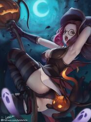 bewitching_janna blue_hair breasts broom_riding cleavage clothing female female_only glasses gloves green_eyes halloween harrowing harrowing_series janna_windforce league_of_legends letdie1414 long_hair looking_at_viewer open_mouth panties solo thighhighs witch_hat