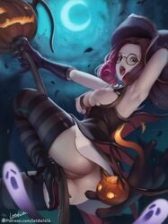 1girls absurdres areolae ass bewitching_janna blue_hair bottomless_skirt breasts broom_riding cleavage clothing crotch_rub curvy erect_nipples female female_only glasses gloves green_eyes halloween harrowing harrowing_series innie_pussy janna_windforce large_ass large_breasts league_of_legends letdie1414 long_hair looking_at_viewer nipples no_panties open_mouth pussy pussy_juice pussy_juice_drip skirt skirt_lift solo thighhighs wardrobe_malfunction witch_hat