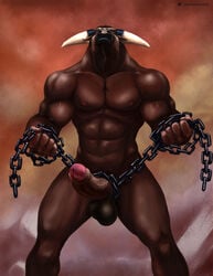 abs anthro balls big_balls big_penis bovid bovine chains ear_piercing ear_ring erection facial_piercing greek_mythology hi_res horn humanoid_penis male male_only mammal minotaur muscular muscular_male mythology nose_piercing nose_ring pecs penis piercing satanic_monkey solo