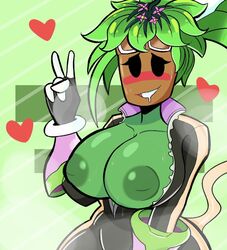 1girls big_breasts blaster_master blaster_master_zero blaster_master_zero_2 blush bodysuit breasts_out color drooling flower green_hair green_skin heart inverted_nipples kanna_(blaster_master) lboi97 looking_pleasured mob_face plant_girl plantie solo tagme unzipped_bodysuit v