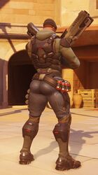 1boy 3d armor ass big_ass blackwatch_reyes blizzard_entertainment brown_hair bubble_butt clothed dat_ass edit footwear from_behind gun hat male_only overwatch overwatch_2 presenting_hindquarters reaper solo tan_skin thick_thighs