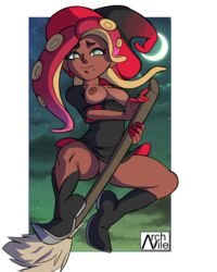 archvile_(artist) areolae breasts cephalopod cephalopod_humanoid clothing crescent_moon dark-skinned_female dark_skin exposed_breasts female female_only hair marina_(splatoon) moon nintendo nipples octoling red_hair solo splatoon splatoon_2 tentacle tentacle_hair video_games