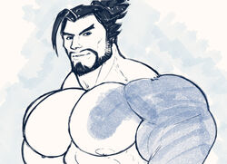 1boy areolae beard black_hair blizzard_entertainment blue_eyes busty dark_hair facial_hair hanzo large_areolae long_hair looking_at_viewer male_only monochrome moobs muscular naughty_face nipples overwatch pecs ponytail ripped-saurian short_ponytail sideburns simple_background smirk solo suggestive tattoo tied_hair