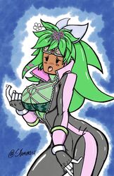 beckoning big_breasts blaster_master blaster_master_zero blaster_master_zero_2 blush bodysuit color flower green_hair green_skin kanna_(blaster_master) looking_pleasured mob_face open_mouth plant_girl plantie solo syamiartist tongue_out unzipped_bodysuit watermelon_bra watermelon_nets