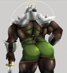 1boy 4giogio4 anal_hair armor ass back_hair bara barely_clothed big_ass body_hair bodysuit bubble_butt clothed faceless_male from_behind green_skin hairy hairy_ass hairy_legs halo hand_on_hip helmet male male_only monster muscular orc presenting_hindquarters revealing_clothes skimpy solo suggestive sword thick_thighs thighhighs thong two_piece