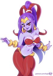 artist_name breasts cleavage clothing cosplay hair kajinman long_hair navel pants ponytail purple_hair red_eyes risky_boots shantae shantae_(cosplay) signature smooth_skin video_games