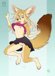 2017 anthro areola barefoot breasts canid canine claws clitoris clothed clothing clothing_lift ear_piercing exposed_breasts female fennec fox genital_piercing gloves_(marking) inner_ear_fluff jumping kacey mammal markings nipples no_underwear open_mouth piercing pussy red_eyes shirt simple_background solo toe_claws upskirt