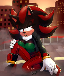 anthro black_fur breasts city clothing eulipotyphlan female footwear fur hedgehog jacket kneeling krazyelf lipstick makeup mammal red_eyes red_fur red_iris rule_63 shadow shadow_the_hedgehog shoes smog sonic_(series) sunset tight_clothing