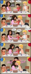 2boys 2girls age_difference balloons big_breasts birthday black_eyes blonde_hair bra bracelet breasts brown_hair busty cake cleavage closed_eyes comic dark-skinned_female dark_skin earrings female food forced forced_yuri half-closed_eyes human interracial kiss kiss_mark kissing lipstick lipstick_marks long_hair male mexican_male milf mole mole_under_eye mother_and_son oral panties shadman shirt short_hair sideboob sitting speech_bubble spoken_heart straight table text virgin_killer_sweater whale_tail yuri