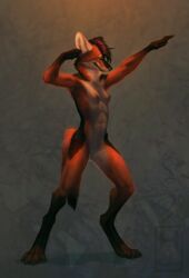 abstract_background anthro black_lips breasts canid canine claws digitigrade female fur gloves_(marking) hanmonster hi_res mammal maned_wolf markings muscular nipples nude orange_fur pussy socks_(marking) solo standing toe_claws