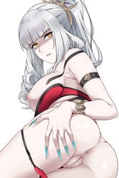 1girls aslindsamure ass_grab carmilla_(fate) fangs fate/grand_order fate_(series) female hand_on_ass large_breasts long_nails looking_at_viewer looking_back nipples panty_pull presenting_anus presenting_pussy pussy shaded_face slit_pupils solo vampire white_background white_hair