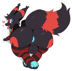 1boy alternate_color ass big_ass clothing collar cosmic_umbreon eeveelution feet feral furry glowing_anus hi_res legwear looking_back male male_only nintendo nude open_mouth original_character paws pokémon_(species) pokemon pokemon_(species) pokemon_gsc smile solo testicles thick_thighs thigh_highs tongue tongue_out umbreon video_games wide_hips wizzikt