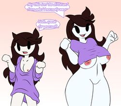 2girls baggy_clothes brown_hair clothing_swap english_text exposed_breasts exposed_pussy female female_only huge_breasts jaiden jaiden_animations jaidenanimations larger_female mob_face multiple_girls neronova nipples partially_clothed petite ripped_clothing small_breasts text thick_thighs youtube youtuber