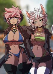 2girls au_ra big_breasts boots breasts dark_skin final_fantasy final_fantasy_xiv green_eyes jewelry kinkymation l'cielle_lhas(ci) large_breasts lingerie miqo'te multiple_girls pink_eyes pink_hair sin_faye stockings tanned tattoo thong white_hair xaela