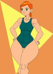 1girls alternate_version_available bare_shoulders ben_10 big_breasts busty caglioro3666 cartoon_network cleavage curvy detailed_background ear_piercing earrings female female_only front_view green_eyes gwen_tennyson hairclip hourglass_figure human one-piece_swimsuit orange_hair piercing pose posing short_hair solo standing swimsuit thick_thighs voluptuous wide_hips