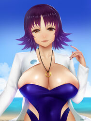 1girls 2019 beach belly big_breasts blue_background breasts brown_eyes cleavage clothed clouds curvaceous easonx eye_contact female female_only half-closed_eyes huge_breasts human human_only labcoat large_breasts looking_at_viewer nail_polish navel necklace nintendo outdoors pale-skinned_female pale_skin philena_ivy pokemon pokemon_professor pokemon_rgby purple_hair purple_nails short_hair sky smile solo swimsuit text url water watermark