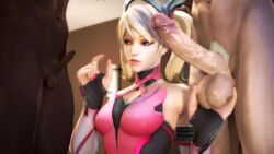 3d almightybeastoverlord alternate_costume ball_grab big_penis blonde_hair blue_eyes cfnm cuckold dark-skinned_male dark_skin hand_gesture holding_balls huge_cock humiliation interracial medium_breasts mercy overwatch penis_size_difference pinching_gesture pink_mercy small_penis small_penis_gesture small_penis_humiliation source_filmmaker tiny_penis twintails