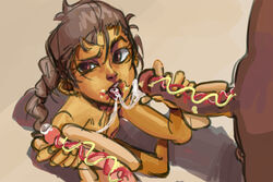 artist_request character_request cum dark-skinned_male double_handjob fellatio food hot_dog oral penis penis_hot_dog threesome