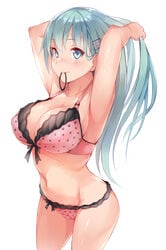 1girls adjusting_hair aqua_eyes armpits arms_up bangs bare_shoulders blush bra breasts cleavage closed_mouth collarbone female female_only fumikiri green_eyes green_hair groin hair_ornament hairclip highres hip_focus human kantai_collection large_breasts long_hair looking_at_viewer mouth_hold navel panties pink_bra pink_panties polka_dot polka_dot_bra polka_dot_panties sidelocks simple_background smile solo suzuya_(kantai_collection) thighs tying_hair underwear white_background