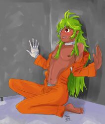 1boy clothed clothing dark-skinned_femboy dark-skinned_male dark_skin femboy green_hair human nanbaka naumihoffu nico_(nanbaka) nipples open_clothes prison_uniform red_eyes solo solo_male