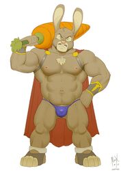 2017 abs anthro biceps body_hair bulge cape carrot chest_hair clothed clothing facial_hair food lagomorph male male_only mammal maxima_(artist) moustache muscular muscular_male navel nipples pecs simple_background skimpy solo vegetable white_background