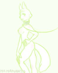 2014 anthro breasts collar domestic_cat elizabeth_goldwyn felid feline felis female green_and_white leash mamamantis mammal monochrome nipples nude solo standing submissive_female walking