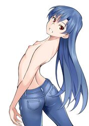 blue_hair brown_eyes denim eyebrows_visible_through_hair female flat_chest idolmaster idolmaster_(classic) kisaragi_chihaya long_hair looking_back nipples open_mouth simple_background solo takano_(sora) topless very_long_hair white_background