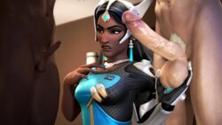 3d almightybeastoverlord ashamed big_penis black_hair cuckold dark-skinned_female dark-skinned_male dark_skin holding_balls huge_cock humiliation interracial light-skinned_male overwatch penis small_penis small_penis_humiliation source_filmmaker symmetra tiny_penis