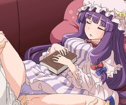 1boy asleep bangs blue_bow blunt_bangs book bow censored closed_eyes clothed_sex clothing crescent dress female hairbow hat long_hair long_sleeves male mosaic_censoring open_mouth panties panties_aside patchouli_knowledge penetration penis pillow purple_hair purple_panties pussy red_bow red_pillow sex sleep sleep_molestation sleep_sex sleeping solo_focus spread_legs straight striped tomu_(tomubobu) touhou underwear vaginal_penetration vertical-striped_dress vertical_stripes