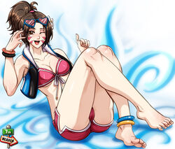 1girls 7th-heaven alternate_costume bikini brown_eyes brown_hair cameltoe d.va dovoros feet female female_only glasses legs looking_at_viewer overwatch solo waveracer_d.va wink