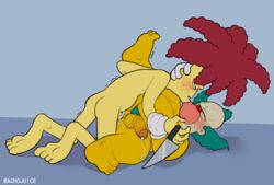 2boys anal anal_penetration anal_sex big_feet cartoony chubby circumcised circumcision_scar clown clown_makeup cum_in_ass cum_while_penetrated deep_penetration eyes_closed gay gloves green_hair half-closed_eyes holding_head holding_wrist kissing knife krusty_the_clown legs_held_open machojuice male male_only missionary_position multiple_males multiple_penises nude red_hair robert_terwilliger sideshow_bob spread_legs sweat the_simpsons trembling veiny_penis yaoi yellow_skin