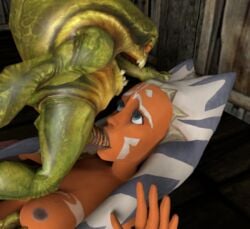 1boy 1girls 3d ahsoka_tano alien blue_eyes breasts clone_wars clone_wars_ahsoka_(aged_up) fellatio female frog interspecies male monster noxformi oral penis rape scared size_difference star_wars togruta trapped unwilling worried