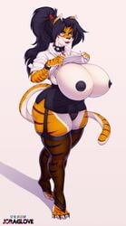 1futa anthro areolae breasts bulge furry futa_only futanari huge_breasts joraglove looking_at_viewer nipples original original_character panties shirt_lift solo thighhighs tiger zhali